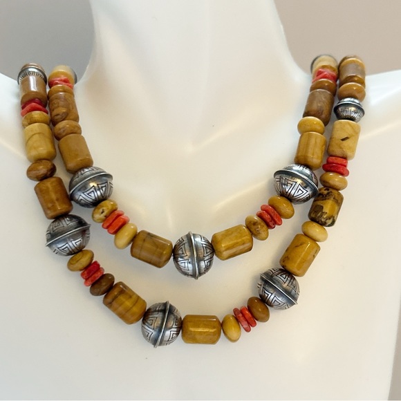Vintage Running Bear Jasper Wood Red Coral Sterling Silver Bead Necklace - Picture 4 of 12